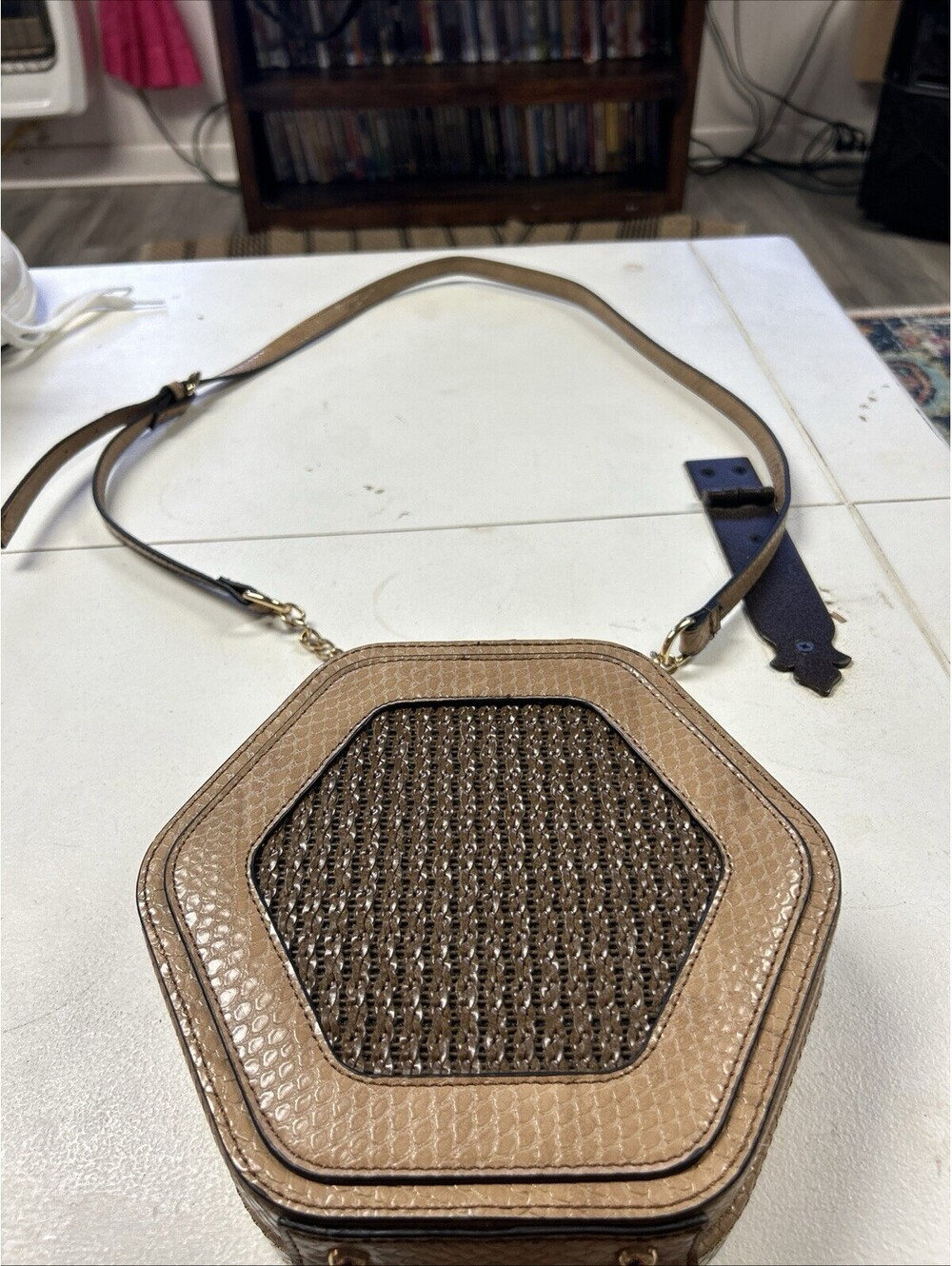 Established 1948 Tan And Brown Octagon Shaped Purse.